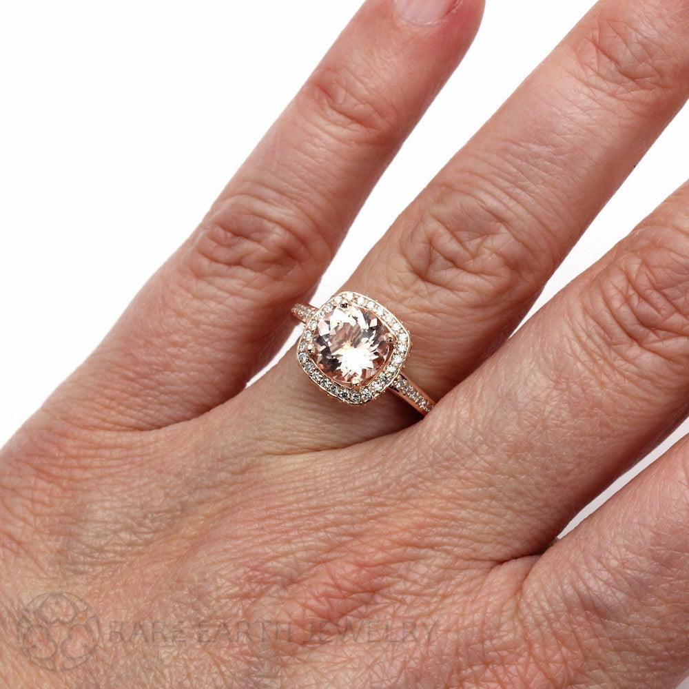2ct Morganite Engagement Ring | Pavé Diamond Halo in Gold or Platinum, Rare Earth Jewelry