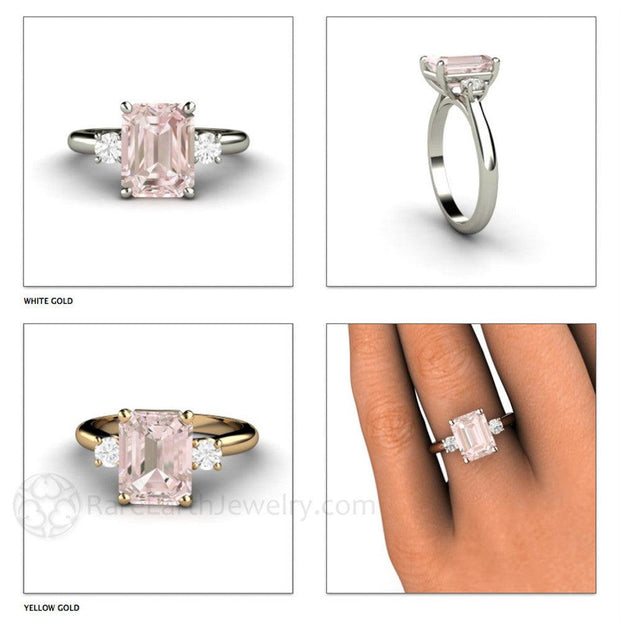 2ct Pink Morganite Ring Engagement 3 Stone with Diamonds - 18K White Gold - Emerald Octagon - Morganite - Peach - Rare Earth Jewelry