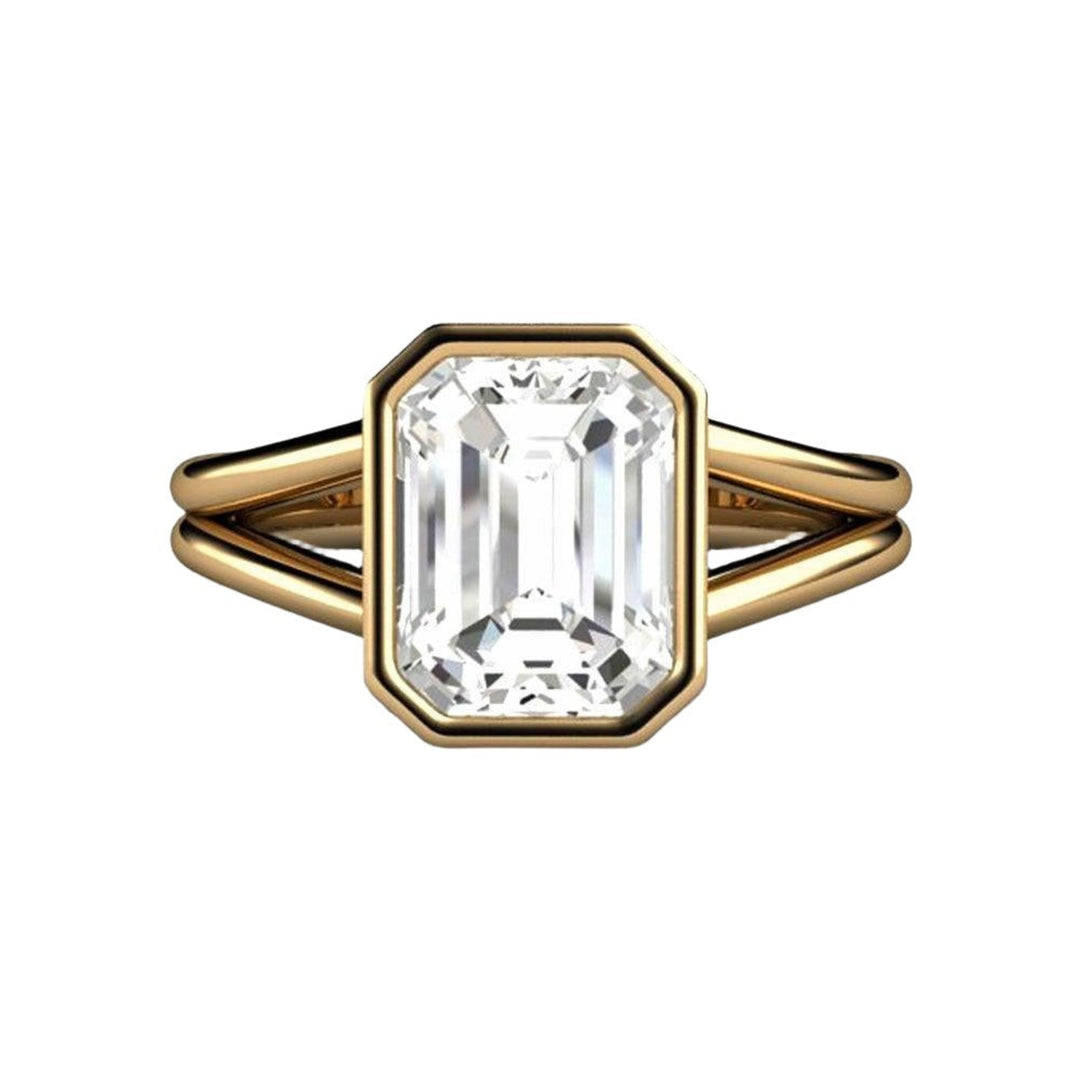 3 Carat Emerald Cut Lab Grown Diamond Ring | Bezel Set Solitaire with Split Shank, Rare Earth Jewelry