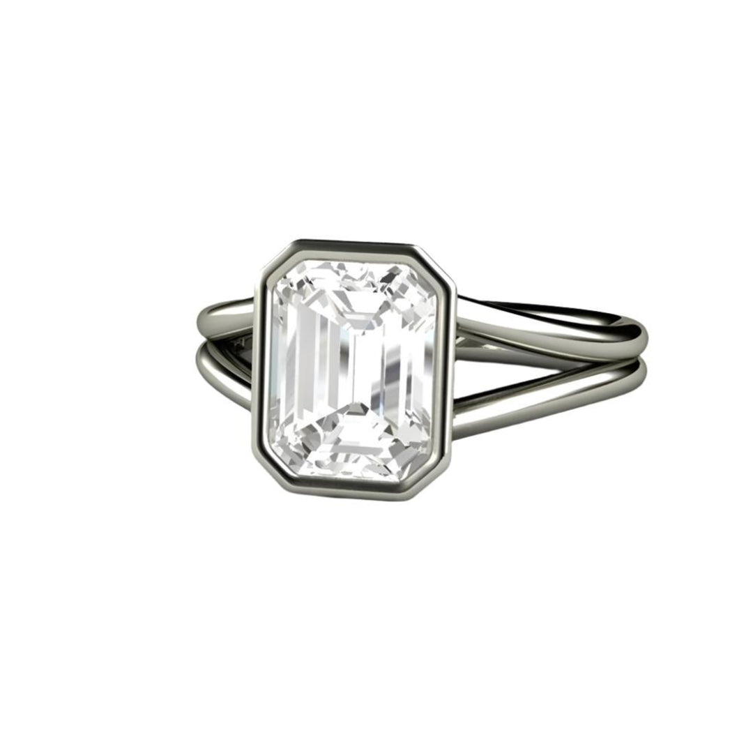 3 Carat Emerald Cut Lab Grown Diamond Ring | Bezel Set Solitaire with Split Shank, Rare Earth Jewelry