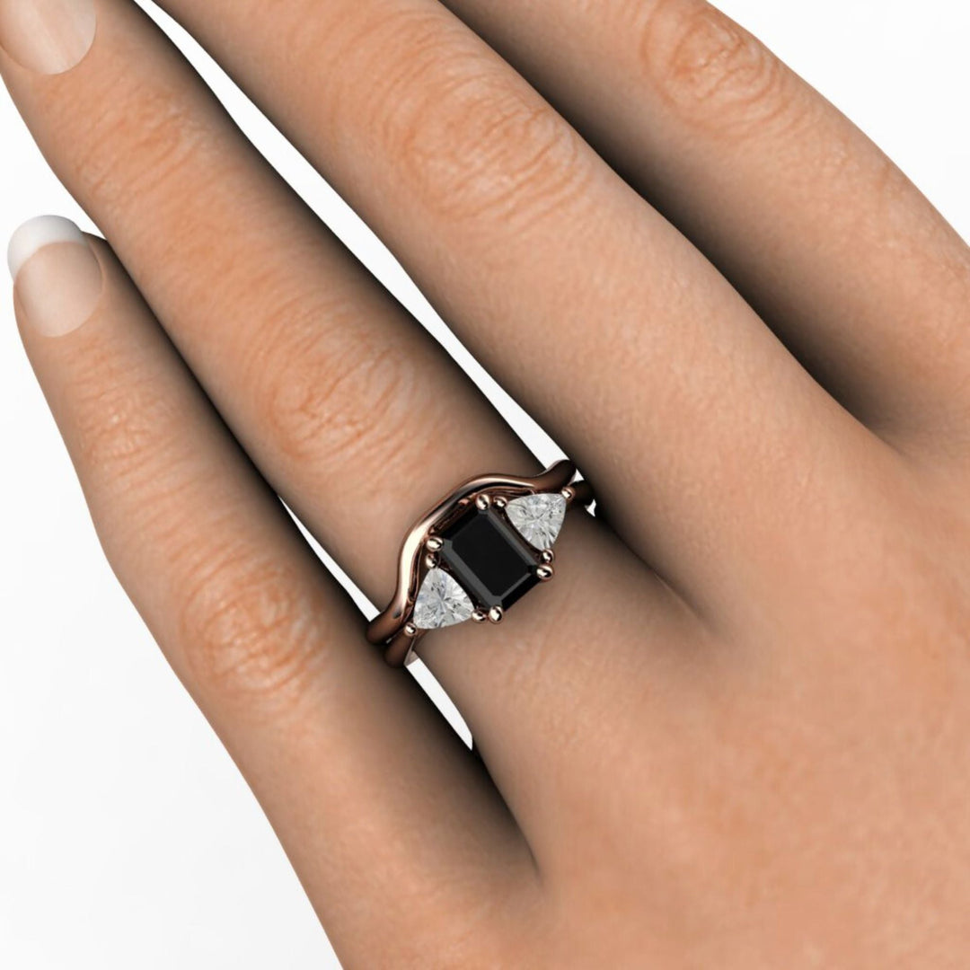 Three Stone Black Spinel Engagement Ring, Vintage Style Black Spinel Ring on the Hand