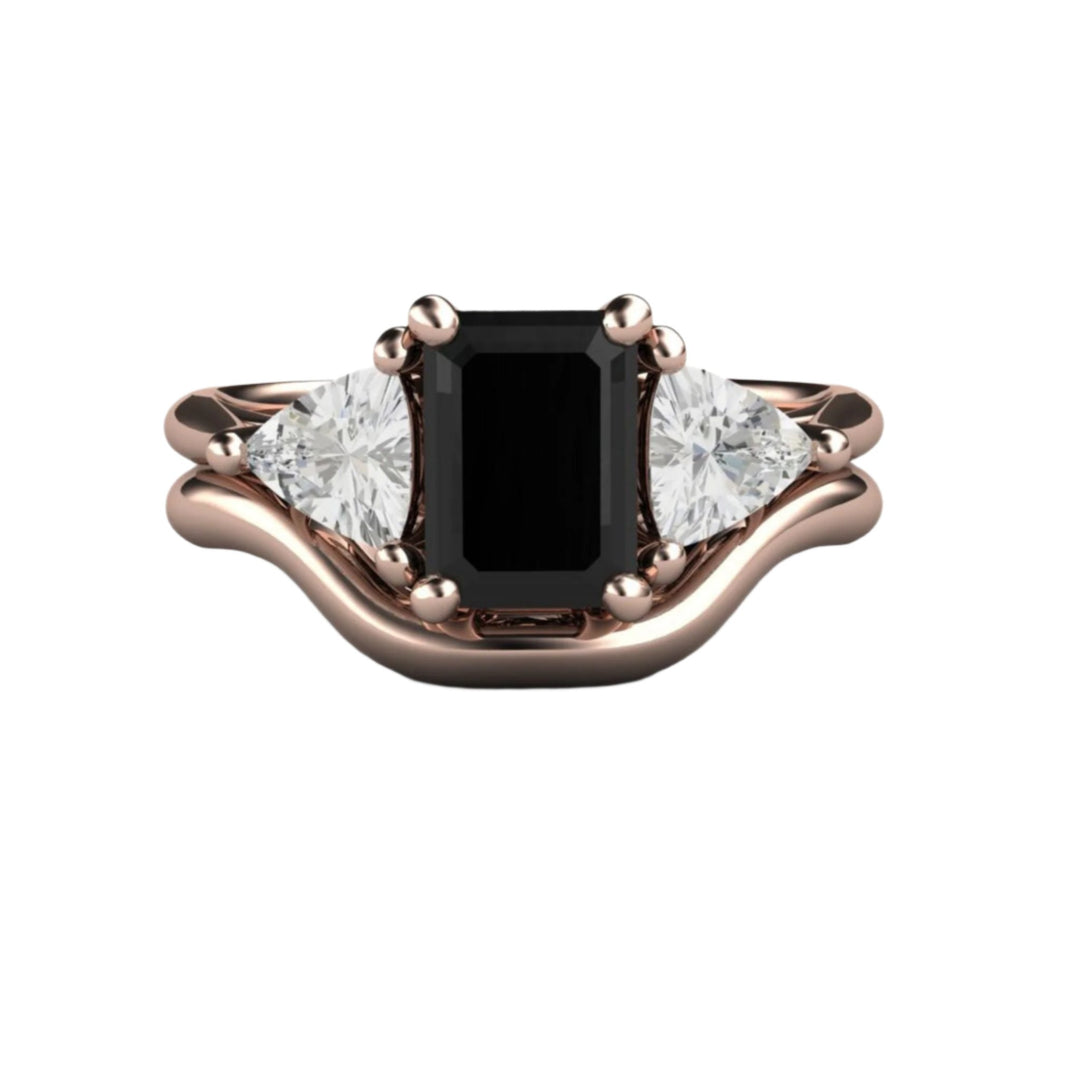 Rose Gold Black Spinel Engagement Ring, Emerald Cut Spinel Wedding Set