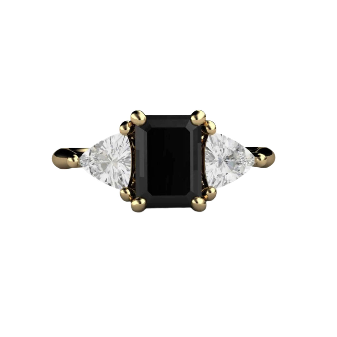 Three Stone Emerald Cut Engagement Ring, Black Spinel and White Sapphire Ring, 14K Yellow Gold