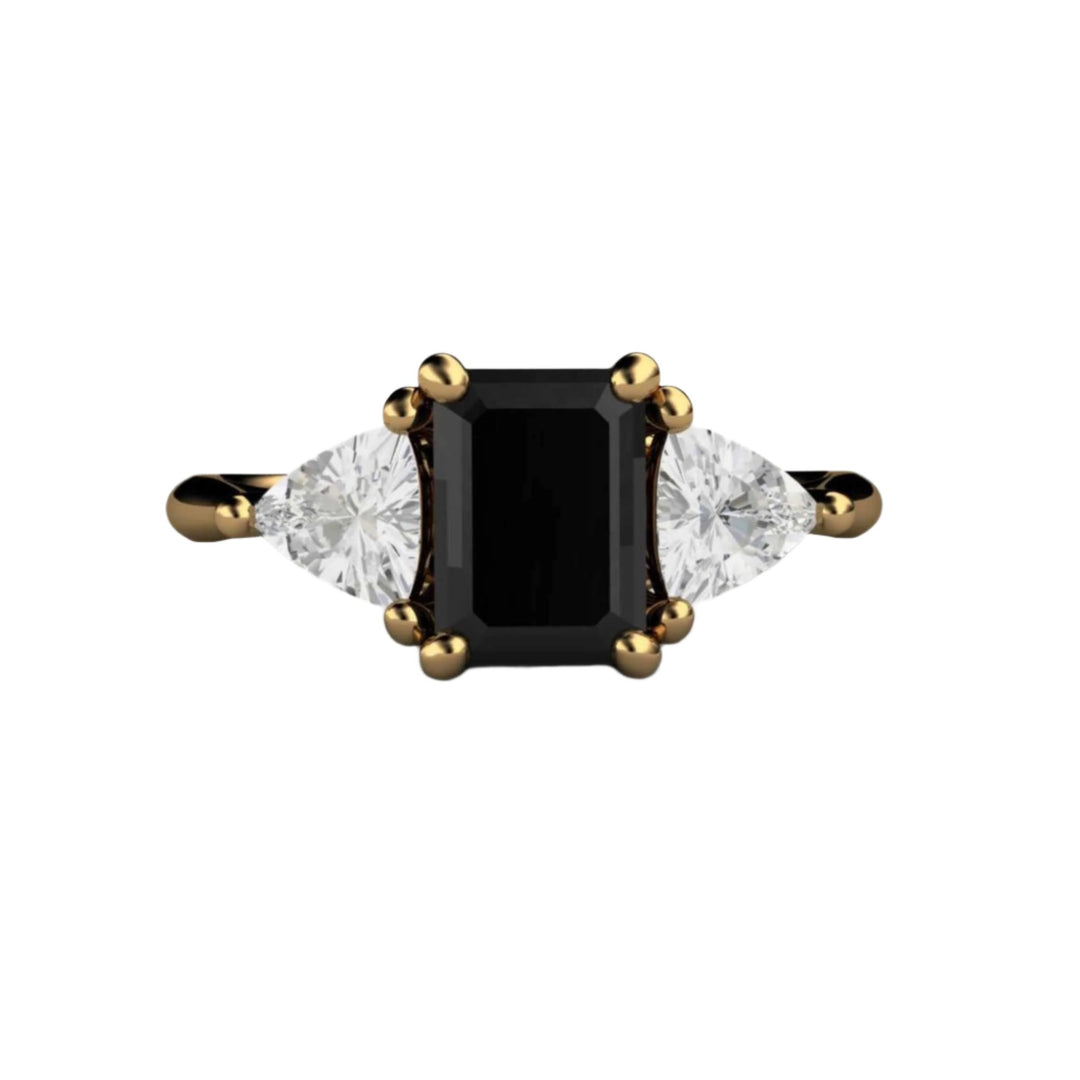 Emerald Cut Black Spinel Engagement Ring, 3 Stone Design with Triangles, Natural White Sapphires