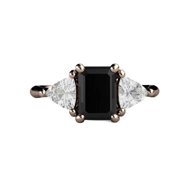 3 Stone Engagement Ring Black Spinel with White Sapphire Trillions 14K Rose Gold from Rare Earth Jewelry