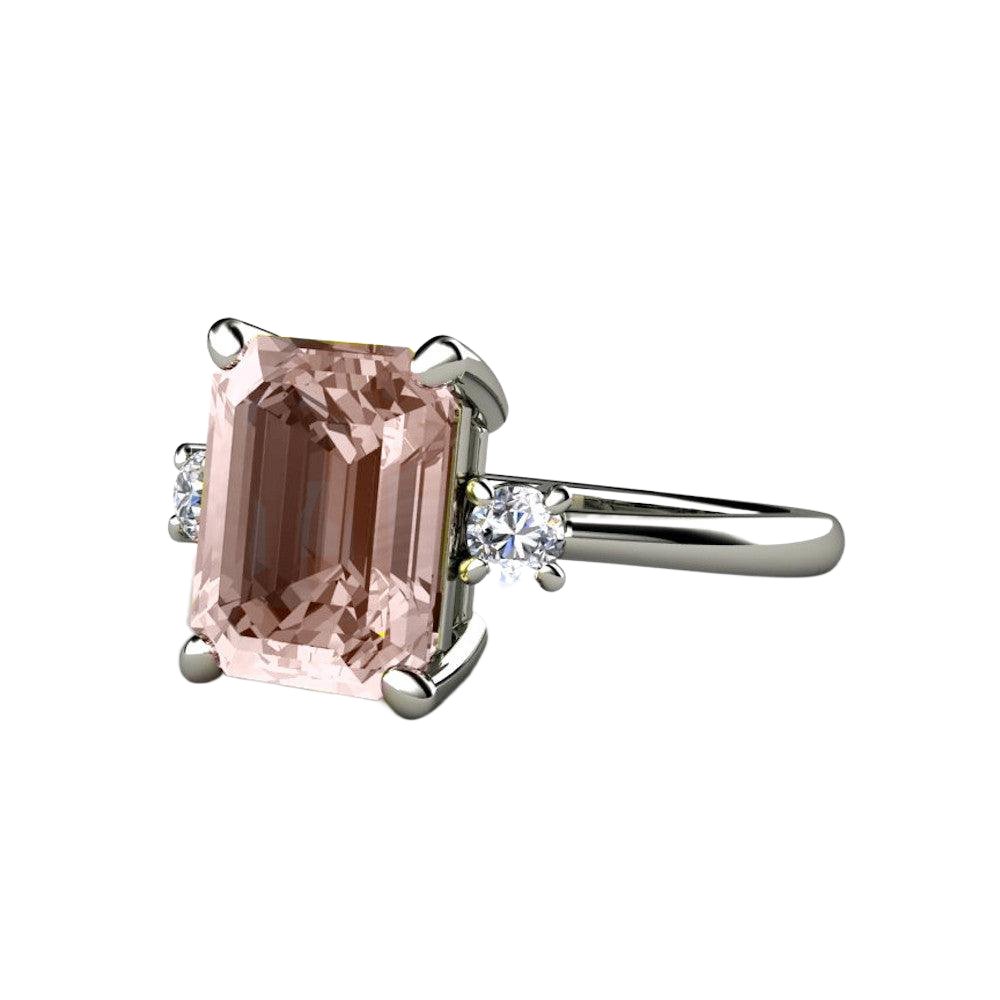 3 Stone Morganite Engagement Ring Emerald Cut with Diamonds, Rare Earth Jewelry