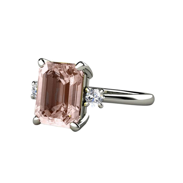 3 Stone Morganite Engagement Ring Emerald Cut with Diamonds, Rare Earth Jewelry
