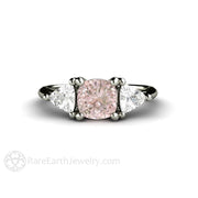 3 Stone Cushion Cut Light Pink Sapphire Ring with White Sapphire Trillions 14K White Gold - Rare Earth Jewelry