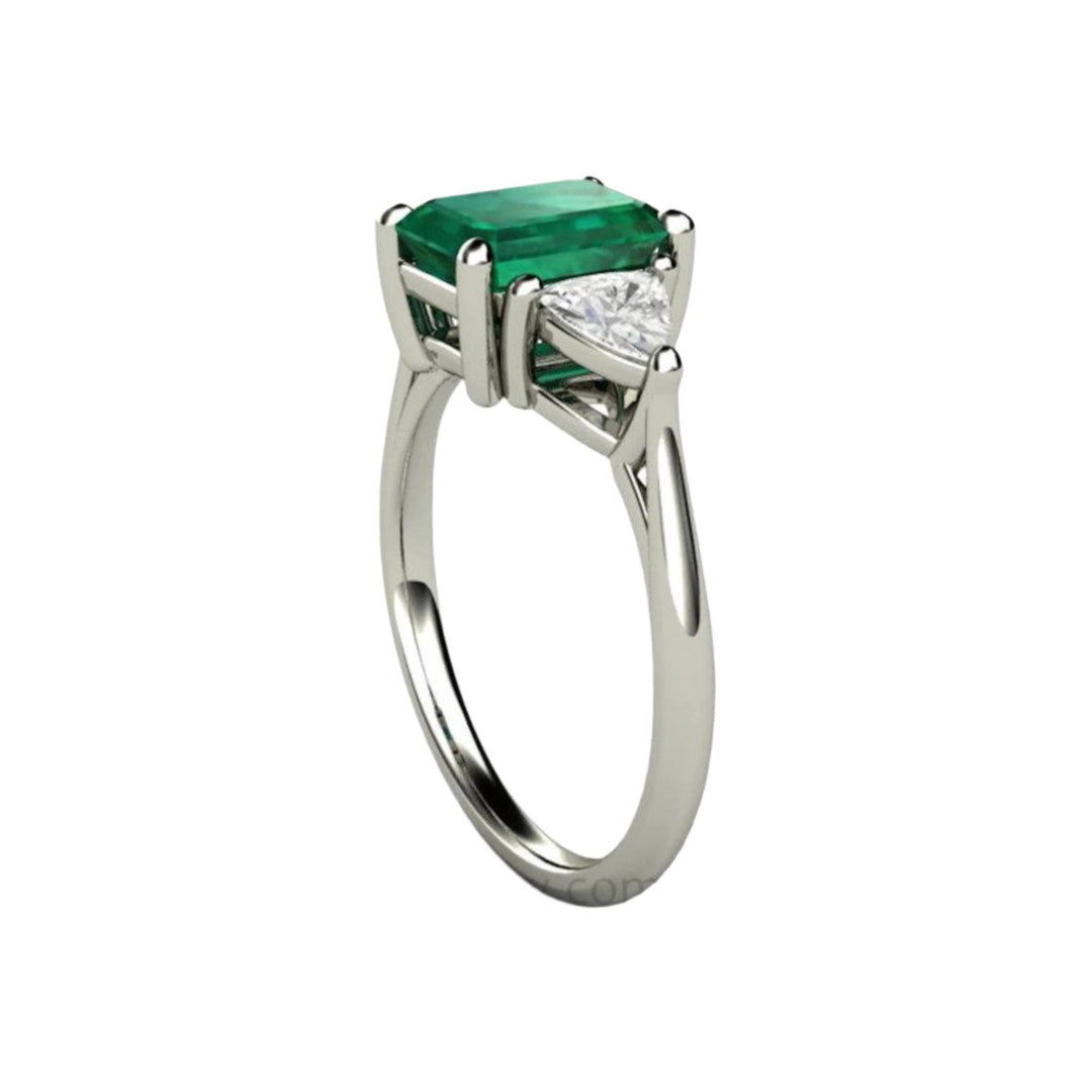 3 Stone Emerald Engagement Ring | Emerald Cut May Birthstone Ring, Side View