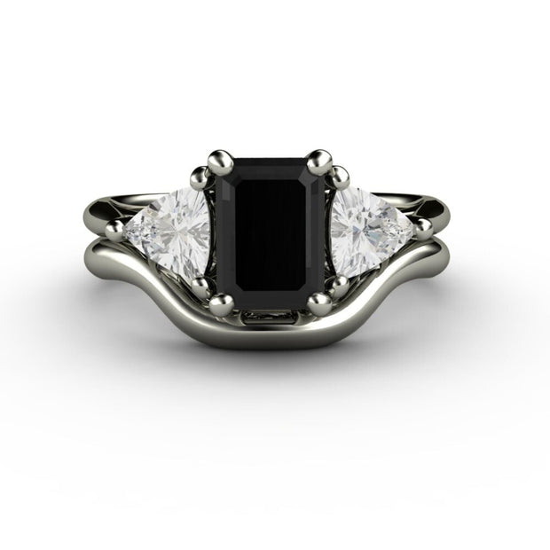 3 Stone Engagement Ring Black Spinel with White Sapphire Trillions 18K White Gold - Wedding Set - Rare Earth Jewelry