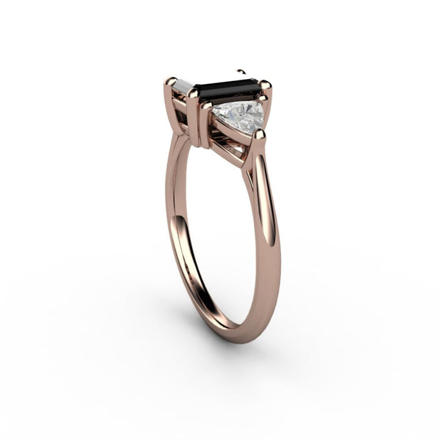 3 Stone Engagement Ring Black Spinel with White Sapphire Trillions 14K Rose Gold - Engagement Only - Rare Earth Jewelry