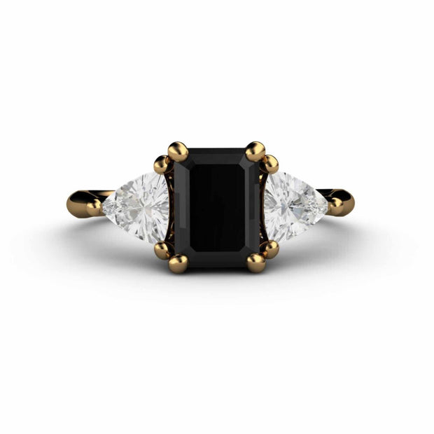 3 Stone Engagement Ring Black Spinel with White Sapphire Trillions 18K Yellow Gold - Engagement Only - Rare Earth Jewelry
