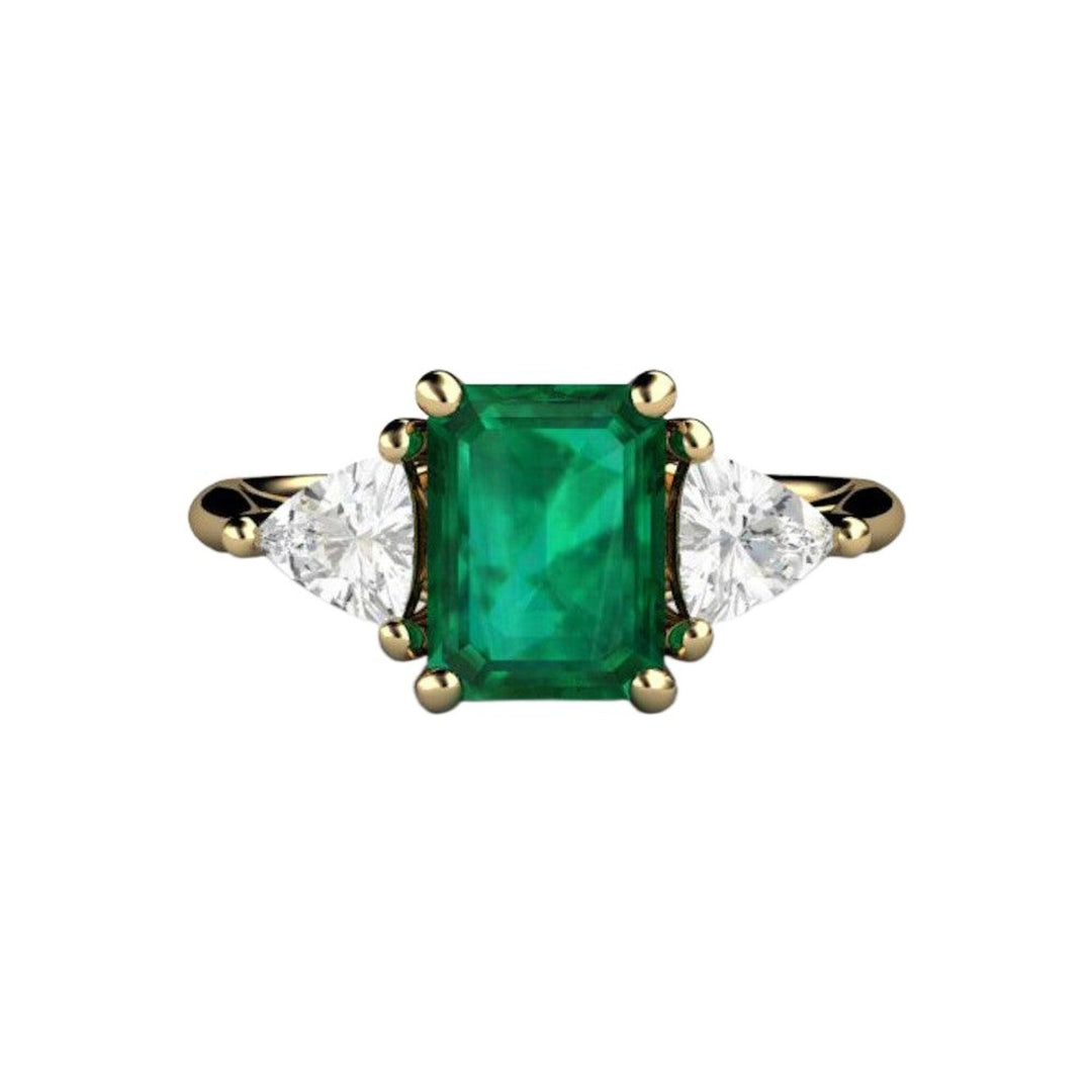 3 Stone Emerald Engagement Ring with Trillion Diamonds | Emerald Cut May Birthstone, Rare Earth Jewelry