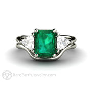 3 Stone Green Emerald Engagement Ring May Birthstone 14K White Gold - Wedding Set - Rare Earth Jewelry