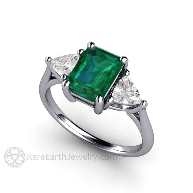 3 Stone Green Emerald Engagement Ring May Birthstone Platinum - Engagement Only - Rare Earth Jewelry