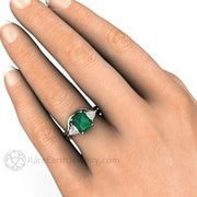 3 Stone Green Emerald Engagement Ring May Birthstone 18K White Gold - Wedding Set - Rare Earth Jewelry