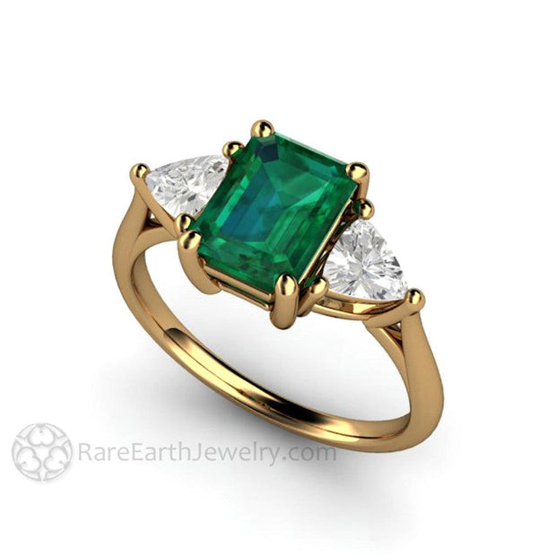 3 Stone Green Emerald Engagement Ring May Birthstone 18K Yellow Gold - Engagement Only - Rare Earth Jewelry