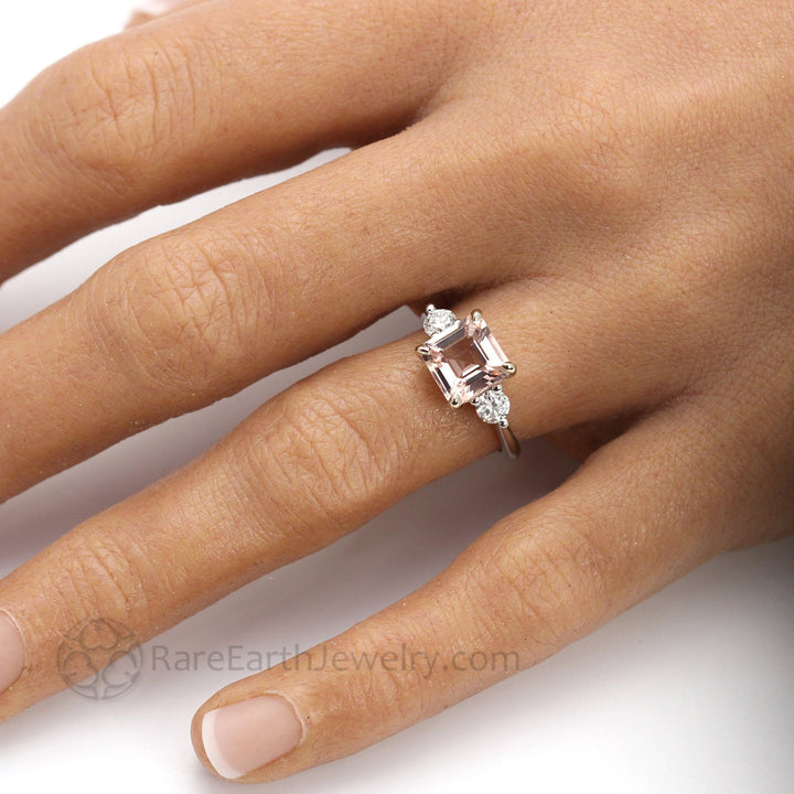 Natural Morganite Ring on the Hand, Asscher Cut Pink Morganite Cocktail Ring, Three Stone Style