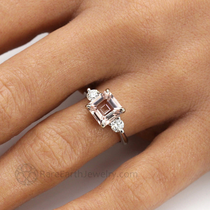 3 Stone Morganite Engagement Ring, Asscher Cut Morganite Ring with Diamonds, on the Hand