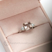 3 Stone Morganite Engagement Ring Asscher Cut with Diamonds and Claw Prongs 14K White Gold - Rare Earth Jewelry