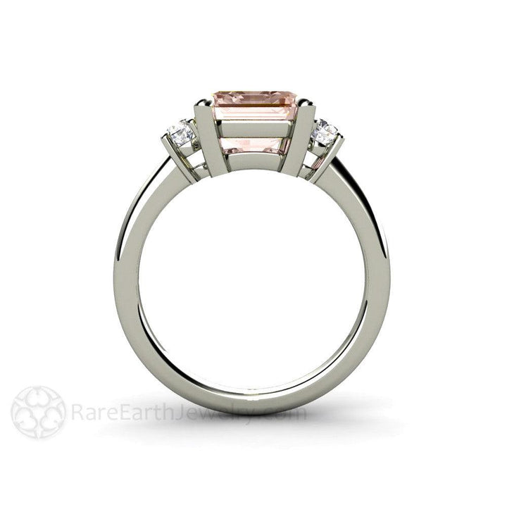 3 Stone Morganite Engagement Ring Emerald Cut with Diamonds, Rare Earth Jewelry