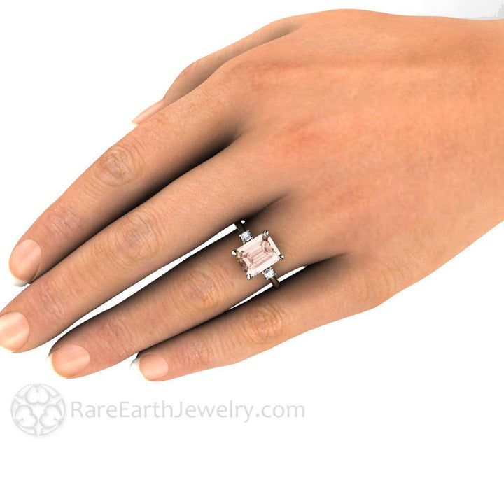 3 Stone Morganite Engagement Ring Emerald Cut with Diamonds, Rare Earth Jewelry