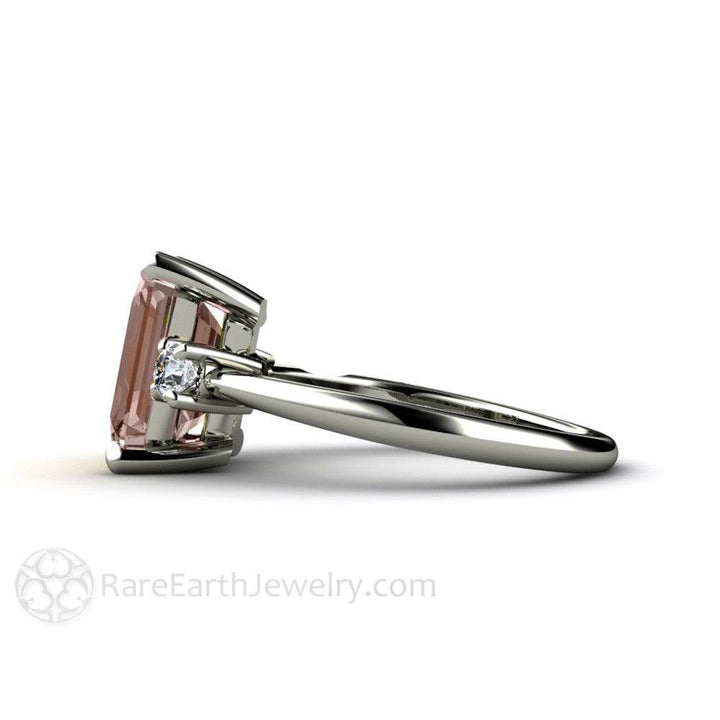 3 Stone Morganite Engagement Ring Emerald Cut with Diamonds, Rare Earth Jewelry