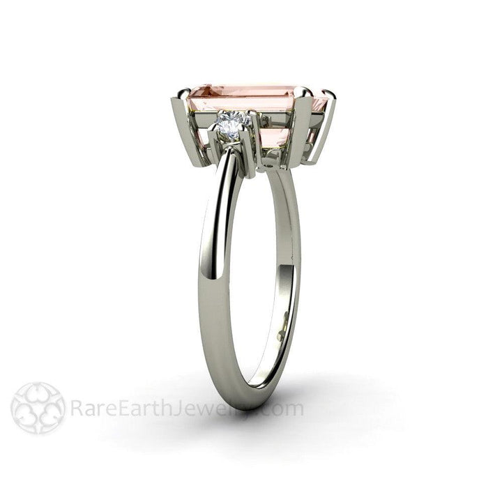 3 Stone Morganite Engagement Ring Emerald Cut with Diamonds, Rare Earth Jewelry