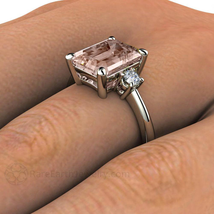 3 Stone Morganite Engagement Ring Emerald Cut with Diamonds, Rare Earth Jewelry