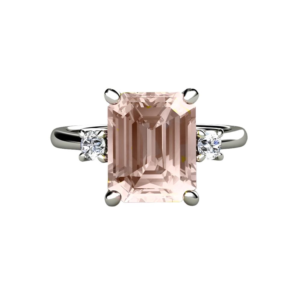 3 Stone Morganite Engagement Ring Emerald Cut with Diamonds, Rare Earth Jewelry