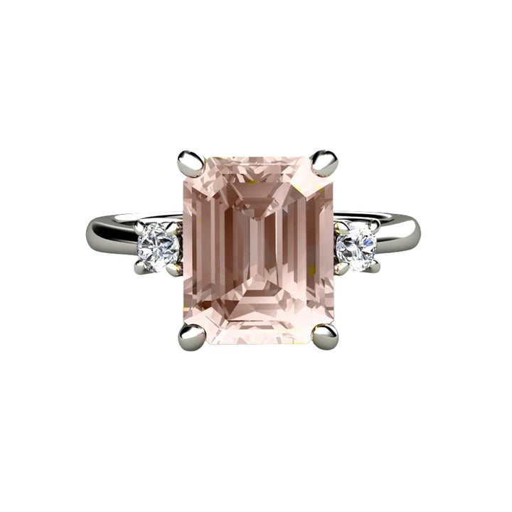 3 Stone Morganite Engagement Ring Emerald Cut with Diamonds, Rare Earth Jewelry