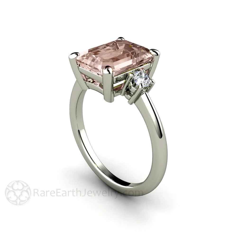 3 Stone Morganite Engagement Ring Emerald Cut with Diamonds, Rare Earth Jewelry
