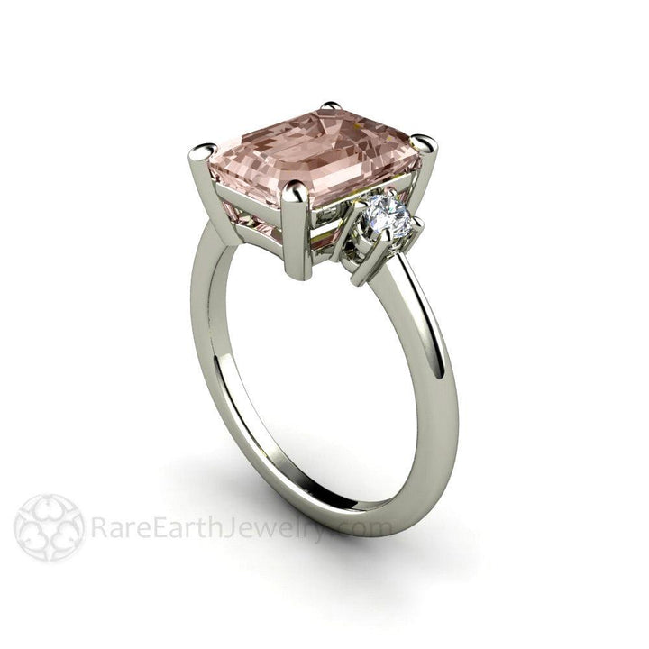 3 Stone Morganite Engagement Ring Emerald Cut with Diamonds, Rare Earth Jewelry