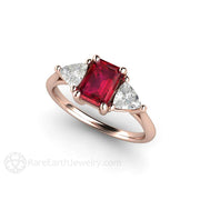 3 Stone Ruby Engagement Ring Emerald Cut with White Sapphire Trillions 18K Rose Gold - Engagement Only - Rare Earth Jewelry