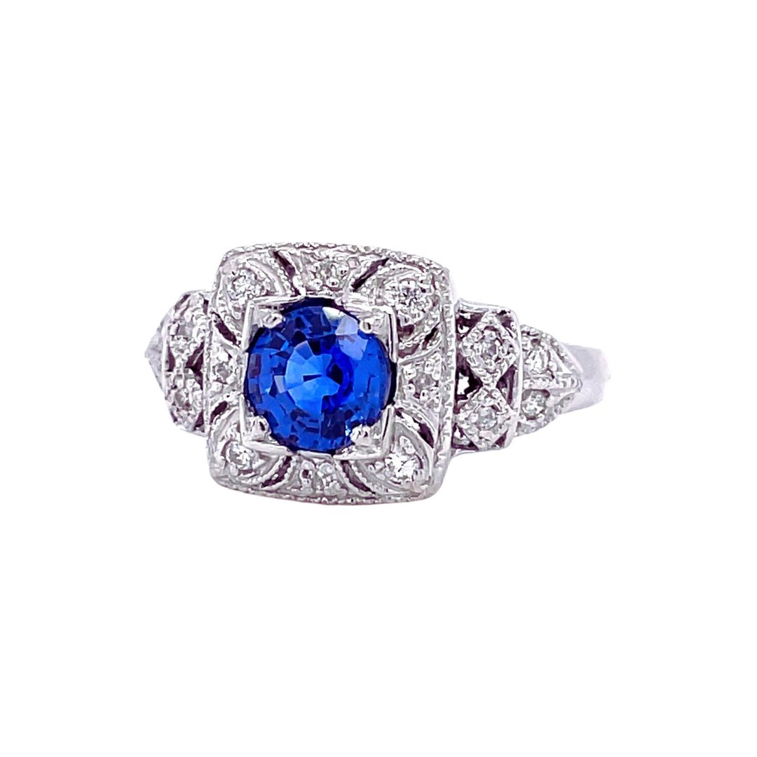 Antique Style Blue Sapphire Ring, Art Deco Design with Pave Diamonds in Gold