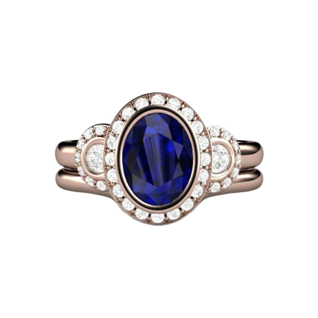 Antique Style Oval Blue Sapphire Engagement Ring | Bezel Set Sapphire Ring with Diamond Halo, Rare Earth Jewelry