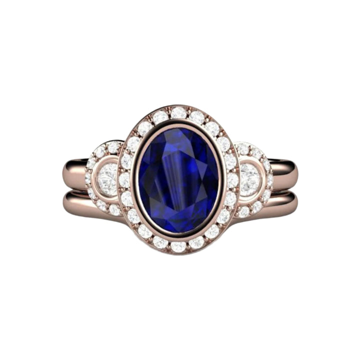 Antique Style Oval Blue Sapphire Engagement Ring | Bezel Set Sapphire Ring with Diamond Halo, Rare Earth Jewelry