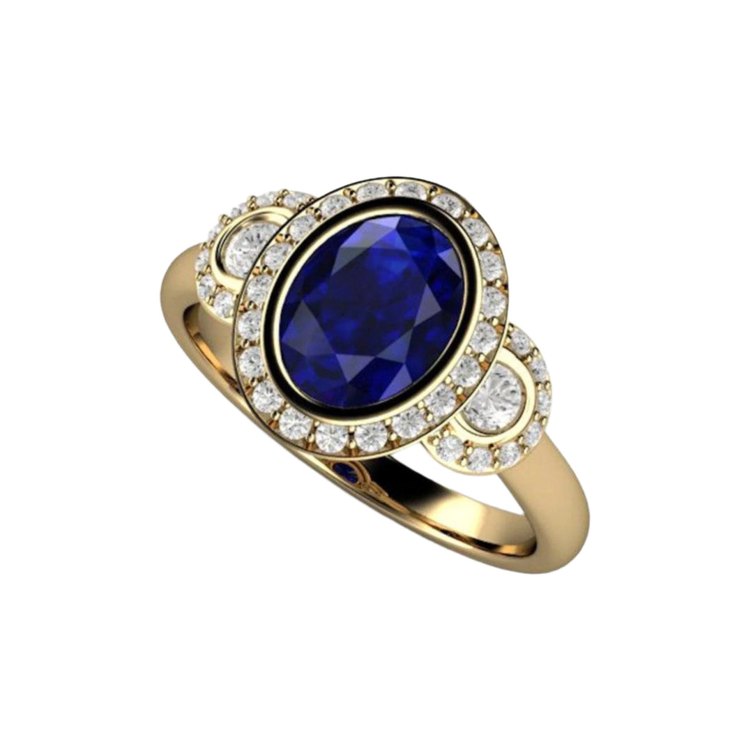 Blue Sapphire Oval Bezel Set Engagement Ring, Art Deco Design with Diamond Accents