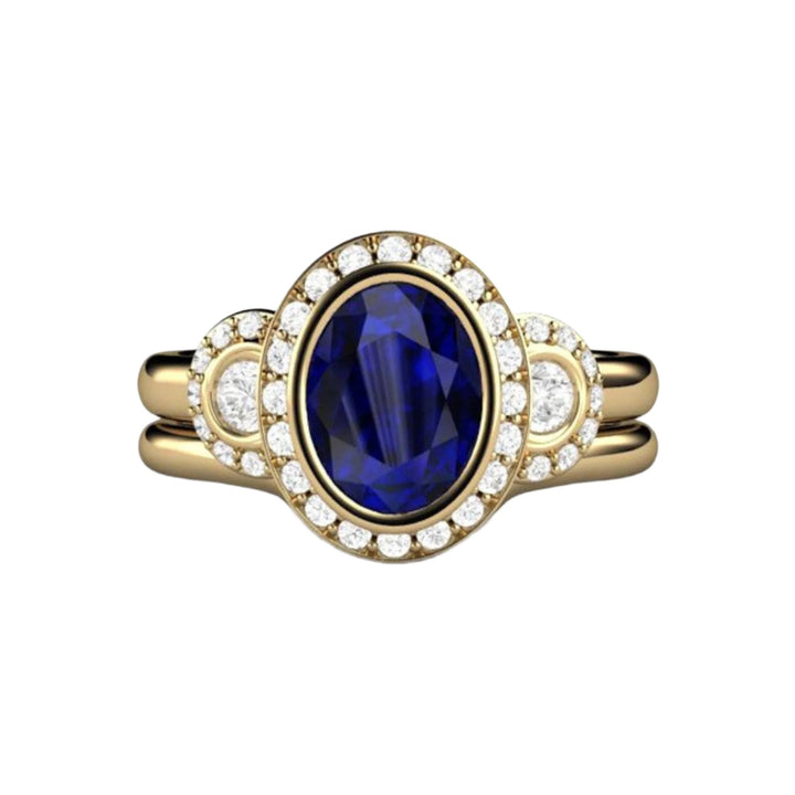 Blue Sapphire Oval Bezel Set Bridal Set, Blue Sapphire Diamond Halo Engagement Ring and Matching Band