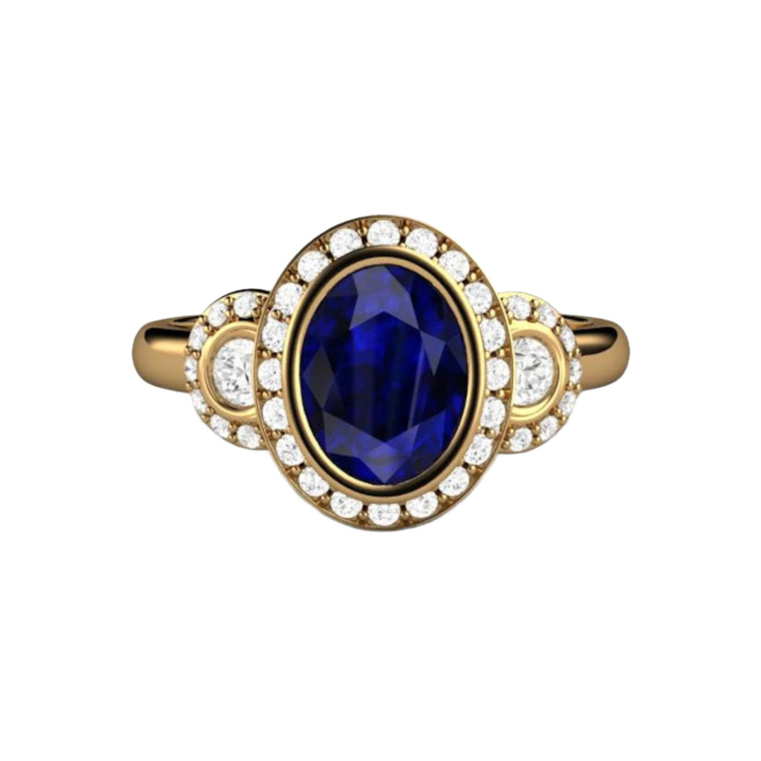 Vintage Style Blue Sapphire Oval Engagement Ring, Bezel Setting with Diamonds, Three Stone Design