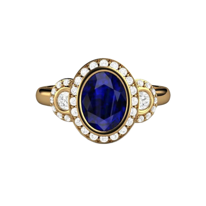 Vintage Style Blue Sapphire Oval Engagement Ring, Bezel Setting with Diamonds, Three Stone Design