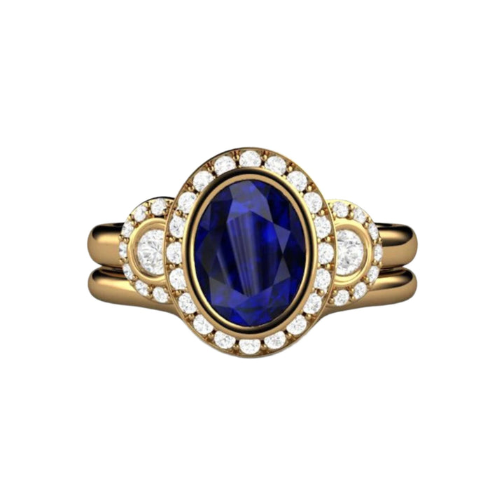 Vintage Style Sapphire Wedding Set, Oval Bezel Set Sapphire Ring and Wedding Band, 18K Yellow Gold
