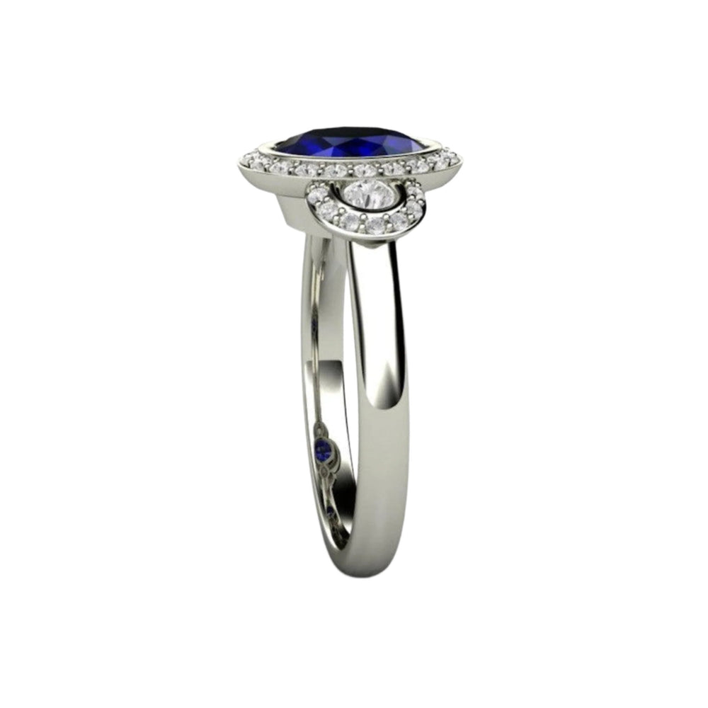 Antique Style Oval Blue Sapphire Engagement Ring, Bezel Set Sapphire Ring with Diamond Halo, Side View