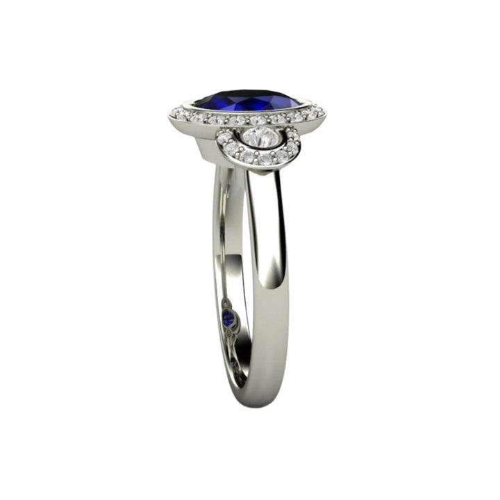 Antique Style Oval Blue Sapphire Engagement Ring, Bezel Set Sapphire Ring with Diamond Halo, Side View