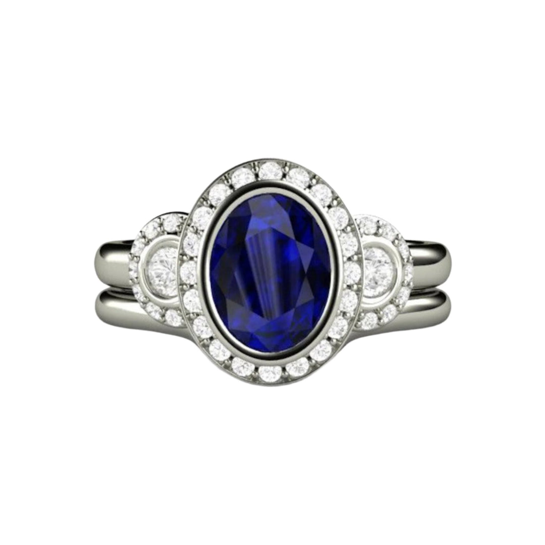 Antique Style Oval Blue Sapphire Engagement Ring, Bezel Set Sapphire Ring with Diamond Halo, Bridal Set