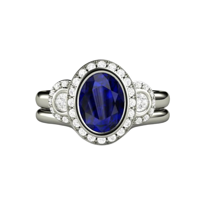 Antique Style Oval Blue Sapphire Engagement Ring, Bezel Set Sapphire Ring with Diamond Halo, Bridal Set