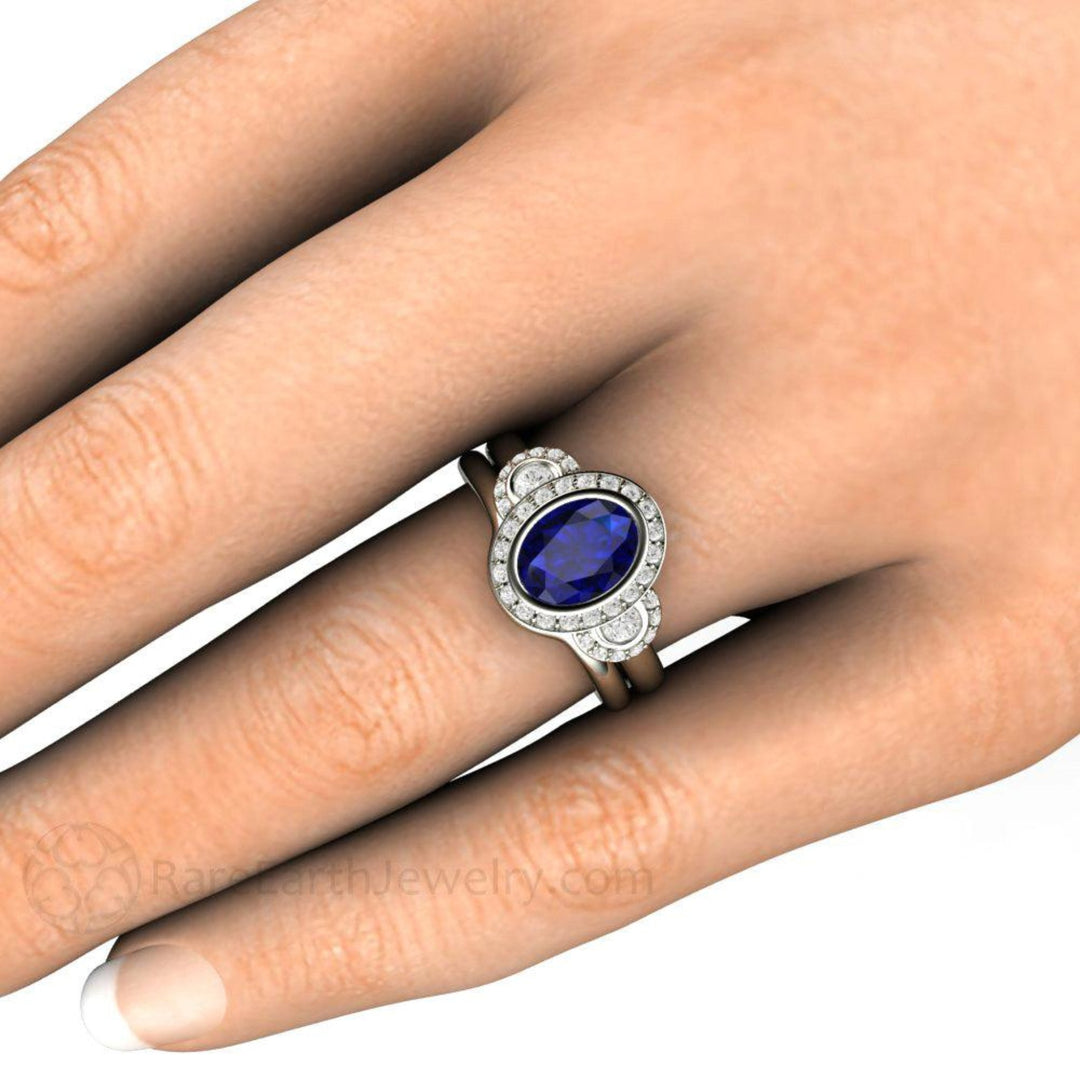 Antique Style Oval Blue Sapphire Engagement Ring, Bridal Set on the Hand