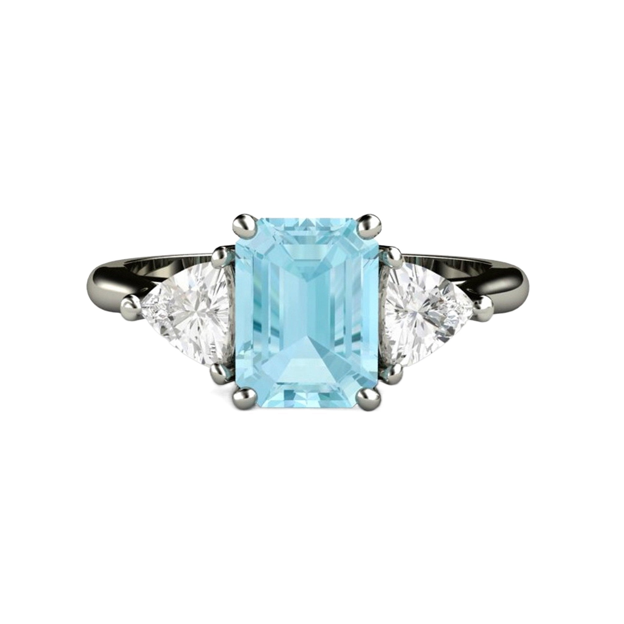 Aquamarine Engagement Ring Emerald Cut Stone Trio Rare Earth