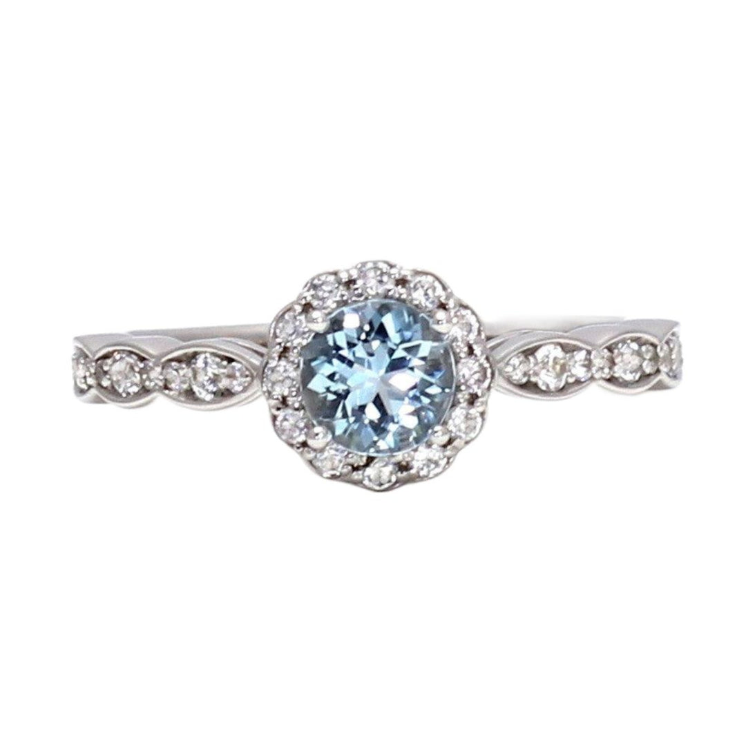 Aquamarine Engagement Ring Vintage Style Diamond Halo March Birthstone