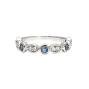 An Aquamarine band with diamonds and natural Aquamarine bezel set in a pretty March birthstone ring or Wedding ring.